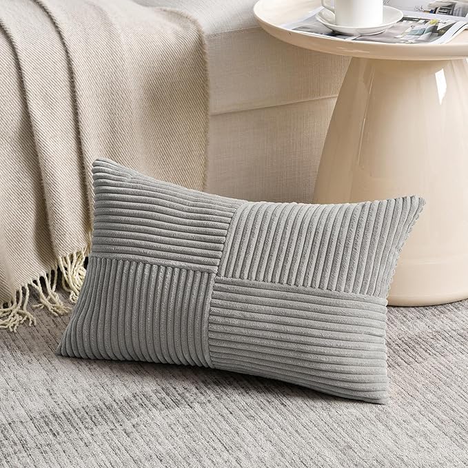 Fancy Homi 2 Packs Grey Lumbar Decorative Throw Pillow Covers 12x20 Inch for Living Room Couch Bed Sofa, Rustic Farmhouse Boho Home Decor, Soft Striped Corduroy Rectangle Accent Cushion Case 30x50 cm