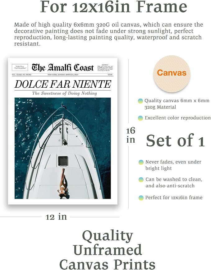 EcoHest 12x16 in Dolce Far Niente Newspaper Canvas Art | Unframed Canvas Print, Italian Summer Newspaper Decor for Living Room, Bedroom, Apartment, Dorm Room, 1Pack