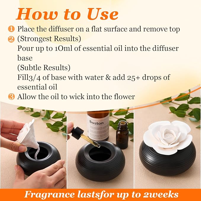 Honeydak 2 Pcs Ceramic Essential Oil Diffuser, Non Electric Reedless Passive Porcelain Flower Aromatherapy Diffuser, Decorative Floral Design Tabletop Office Home Bathroom Decor (Rose)