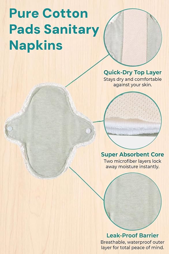 Reusable Incontinence Pads,Organic Cotton Pads Sanitary Napkins,Lace Trim Washable Menstrual Pads,with 1 Storage Bag,Panty Liners Pads Period/Incontinence/Postpartum.(Light Green/L/4pcs)