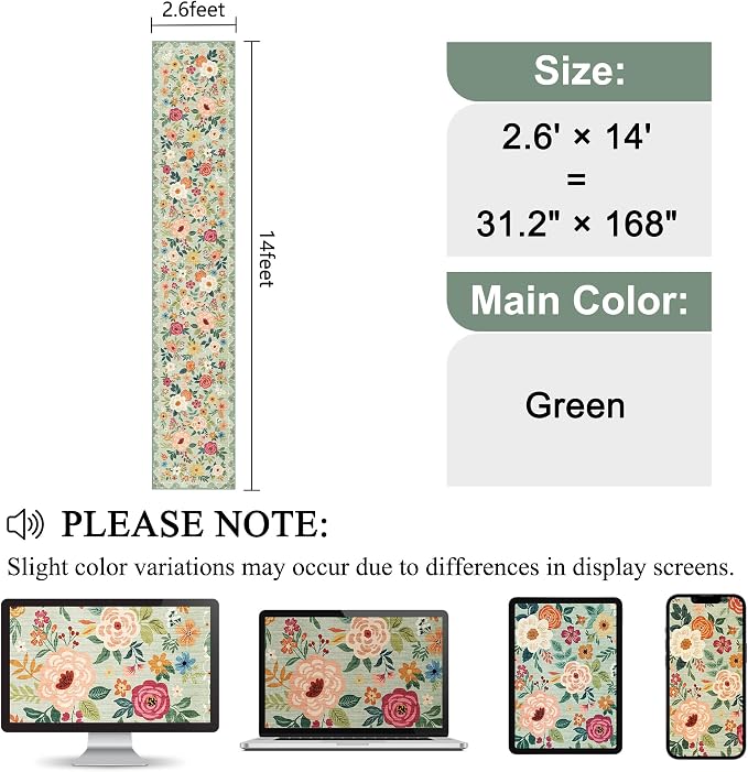 DUKINO 2.6x14 Washable Runner Rug, Floral Non Slip Long Runner Rug, Green | Soft, Low Pile, Ultra Thin Indoor Rug Runner for Hallway, Entryway, Kitchen, Bedroom, Bathroom, Pet Friendly, Home Decor