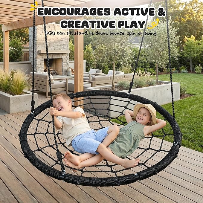 Trekassy 750lbs 40" Spider Web Saucer Tree Swing for Kids Adults, Outdoor Net Swing with Steel Frame and 2 Hanging Straps-Black