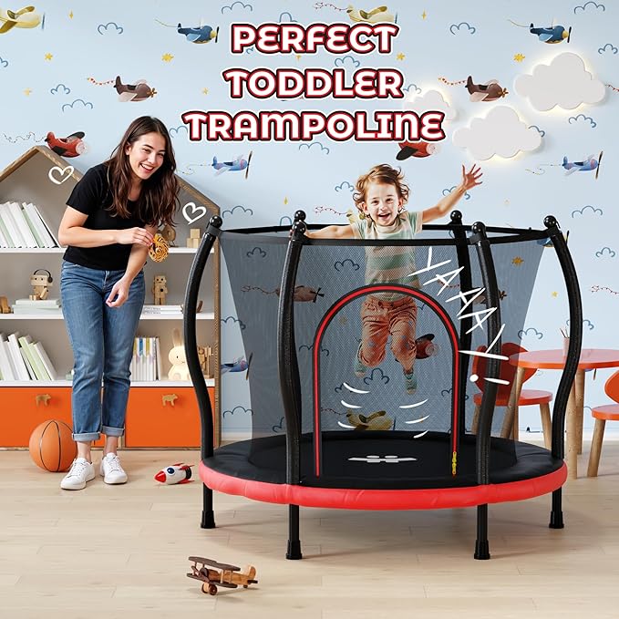 Happin® 55â€ Toddler Trampoline Indoor & Outdoor Playset, 5FT Kids Trampoline, Ultra Safe Mini Trampoline for Kids with Safety Enclosure Net, Gifts for Birthday with Basketball Hoop