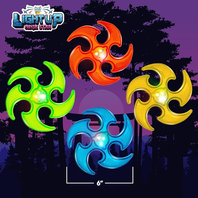 PICK A TOY Light Up Ninja Flyers Set, 4 LED Electronic Stars, Heavy Duty Rubber Throwing Discs, Interactive Kids Toys for Tossing Games and Play, 4 Colors (Red, Blue, Yellow, Green)