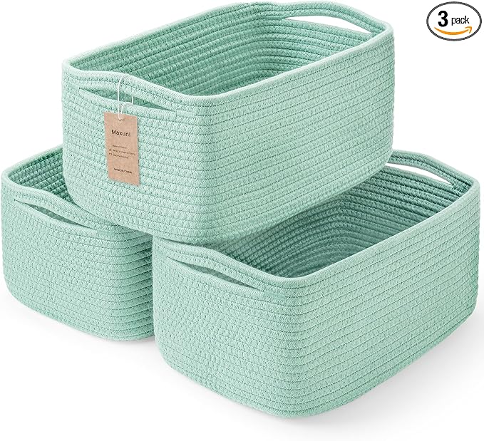 3 Pack Storage Baskets for Organizing, 13.7×9.5×6.3", Cream Green | Woven Baskets for Shelves, Cotton Rope Basket for Gifts Empty, Closet Organizer Bins with Handles, Cube Decorative Box