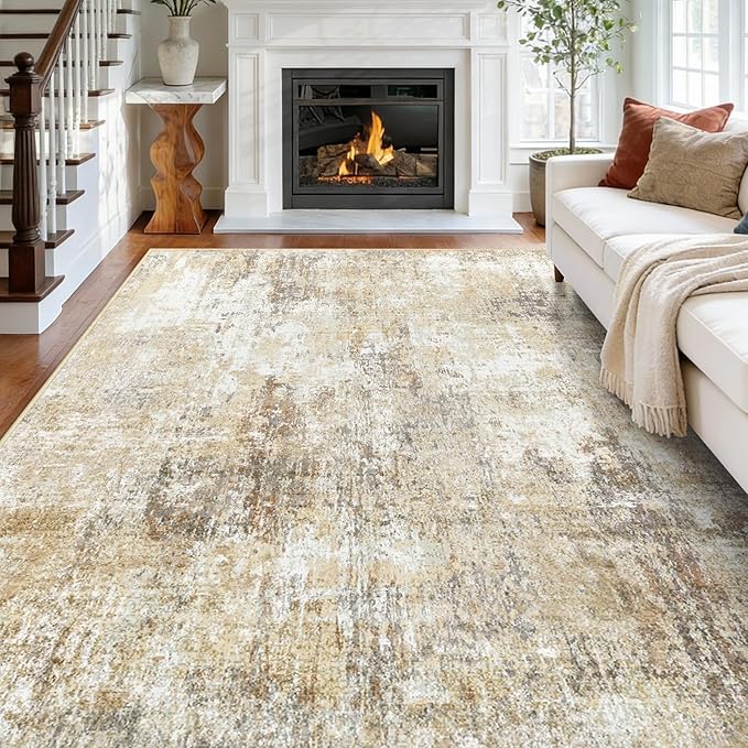 RELEANY Washable Area Rugs 7'x9' Non-Slip Modern Abstract Soft for Living Room Entryway Bedroom Kitchen, Print Pattern, Neutral Brown Gray