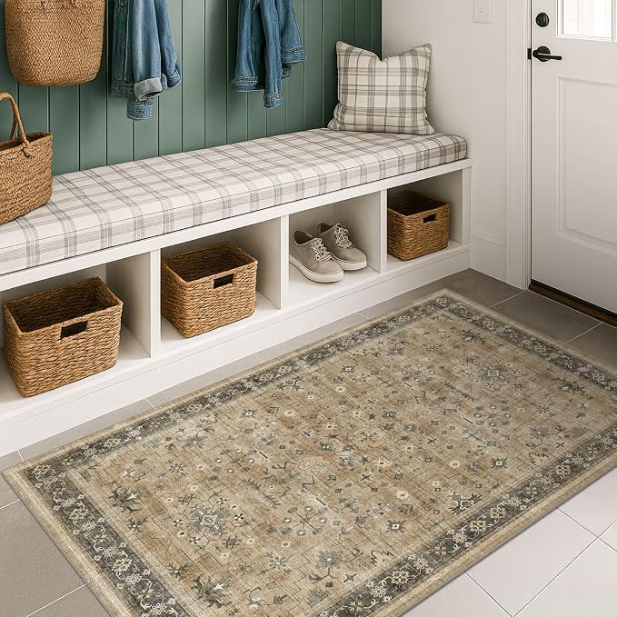 Boho Natural Earthy 3x5 Entryway Rug, Washable Mudroom Area Rug, Modern Vintage Kitchen Floor Carpet, Low Pile Non-Slip Carpet for Indoor Entrance and Laundry Room