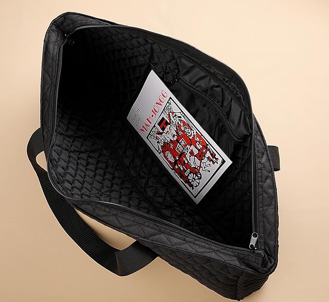 American Mahjong Game Set - Black Quilted Soft Bag 166 Premium Tiles with 4 All-in-One Rack/Pushers,100 Chips, Wind Indicator, English Manual. Easy Carry Complete Classic Mah-Jongg Set
