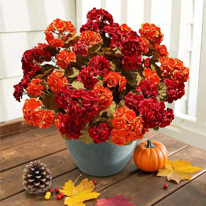 Fake Geraniums Artificial Flowers for Outdoors Fall Autumn Decoration, 6 Bundles Silk Geraniums Look Real Faux Fall Flowers Plants for Front Door Garden Planter Patio Balcony Yard Home Indoor, Mix