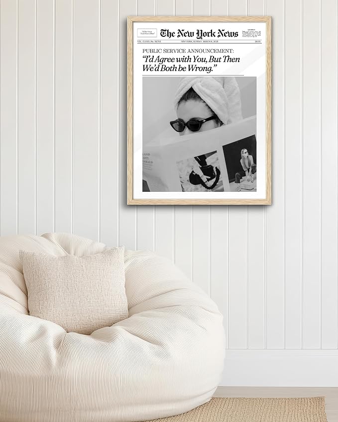 EcoHest 16x20 in Cool Girl Newspaper Framed Wall Art for Bedroom | Solid Oak Wood Frame, Canvas Wall Art, Girly Fashion Magazine Decor for Bedroom, Apartment, Dorm, College Room, 1Pack