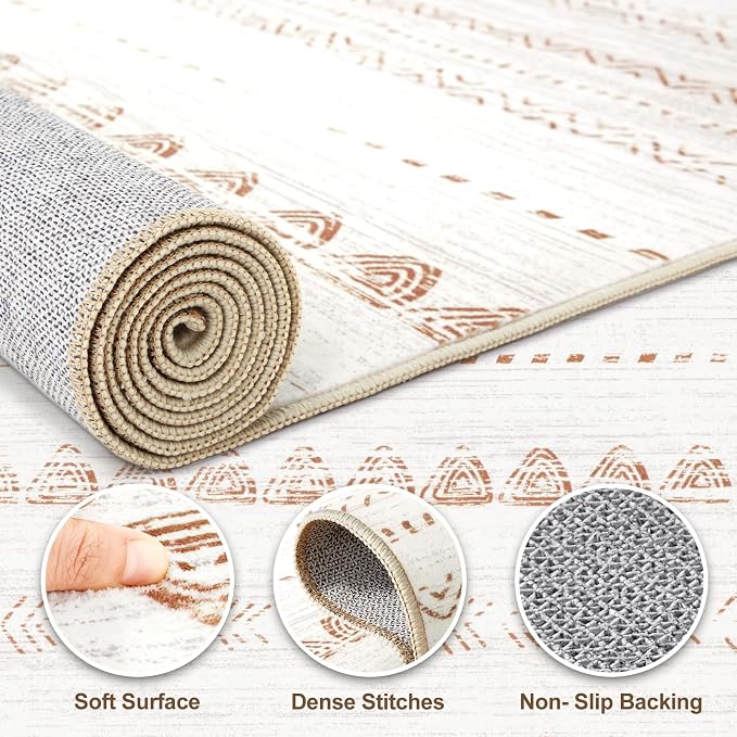 Nakagishi Boho 2x4 Washable Area Rug Non Slip Carpet for Entryway Beige | Pet & Kid Friendly, Machine Washable, Low Pile Carpet for Kitchen Hallway Daily Home Decor,Farmhouse Neutral Moroccan