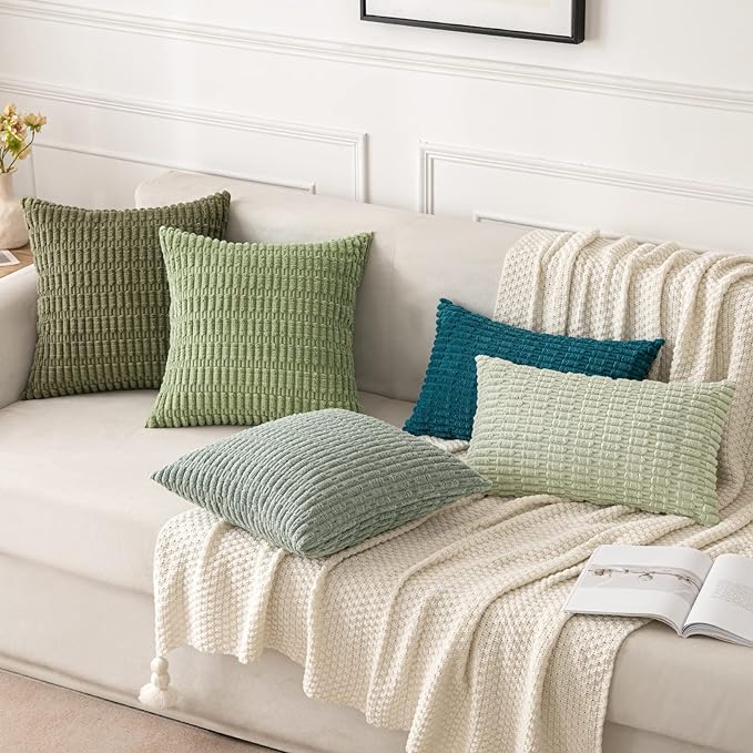 MIULEE Corduroy Decorative Throw Pillow Covers 18x18 Sage Green Pack of 2 | Soft Boho Striped Pillow Covers Modern Farmhouse Home Decor For Sofa Living Room Couch Bed