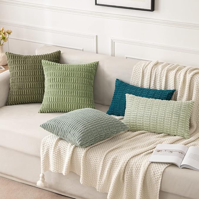 MIULEE Euro Sham Corduroy Decorative Throw Pillow Covers 24x24 Grey Green | Pack of 2 Soft Boho Striped Pillow Covers Modern Farmhouse Home Decor For Sofa Living Room Couch Bed