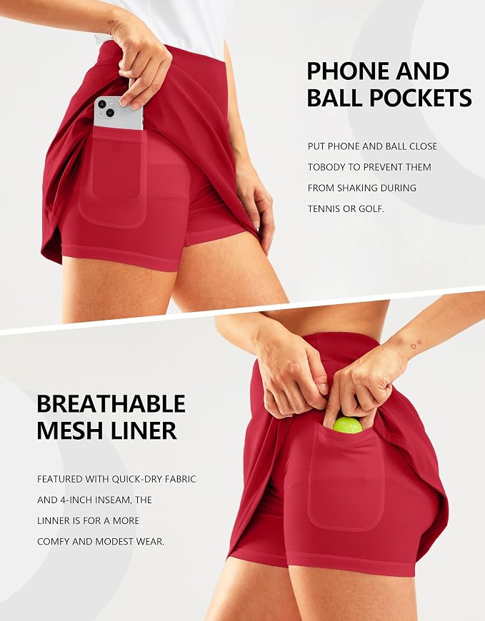 16" Golf Skirt with 2 Zipper Pockets | Tee Holder, Mesh Shorts, High Waisted, Casual, Pickleball, Athletic, Tennis, Skorts for Women