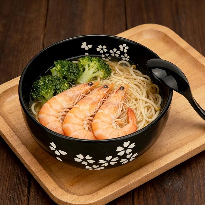 Black Ceramic Bowl Set with Lid, Spoon & Chopsticks - Japanese Traditional Style Tableware, All-in-One Bowl for Soup, Rice, Noodles, Ramen