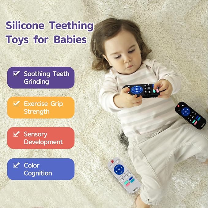 Hooku 2 Pack Silicone Teething Toys for Babies 0-6 Months, Teethers for Babies 6-12 Months, Remote Teether for Baby, Sensory Toys for Babies, Baby Chew Toys