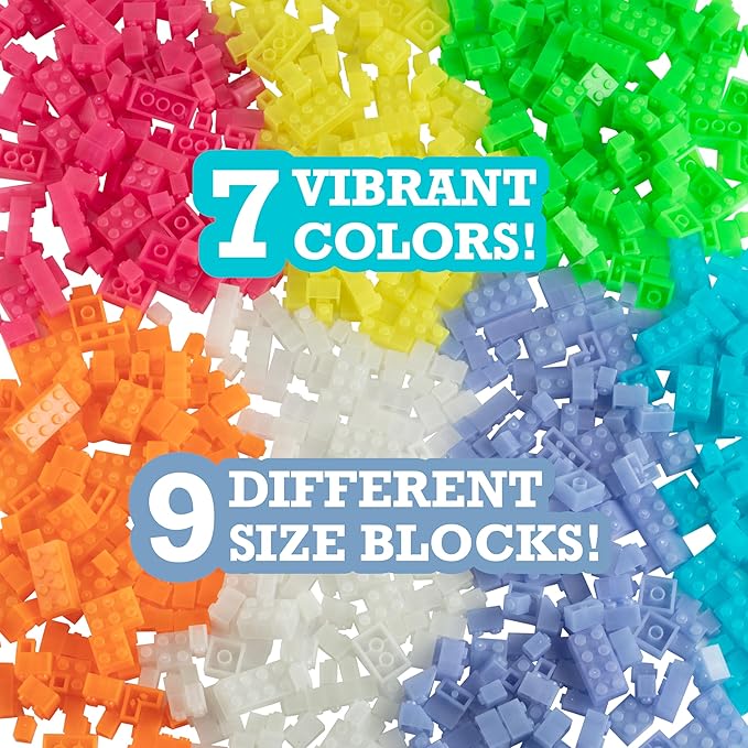 SCS Direct Building Block Bricks- Set of 1000 Pc Bulk- 7 Glow in The Dark Colors with 54 Roof Pieces - Compatible and Tight Fit with Major Brands- Great for Activity Table, School Projects