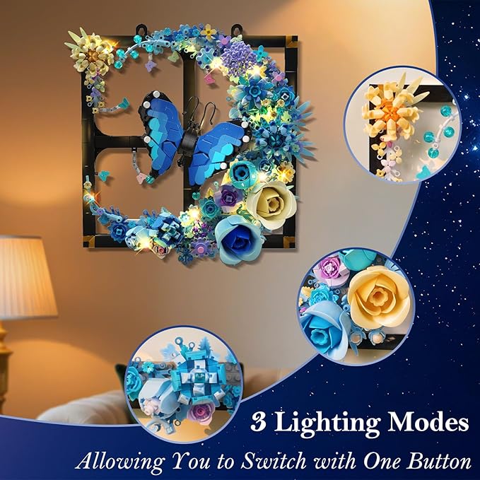 Moon Flower Building Set with Lights, 1141 PCS Wall Botanical Flowers Building Block Kit with Butterfly, Floral Plant Collection Office Home Decor, Gift for Her Adults Women Boys Girls 12+