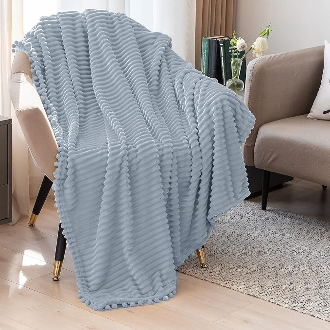 DISSA Fleece Blanket Queen Size – 90x90, Grey – Soft, Plush, Fluffy, Fuzzy, Warm, Cozy – Perfect Throw for Couch, Bed, Sofa - with Pompom Fringe - Flannel Blanket