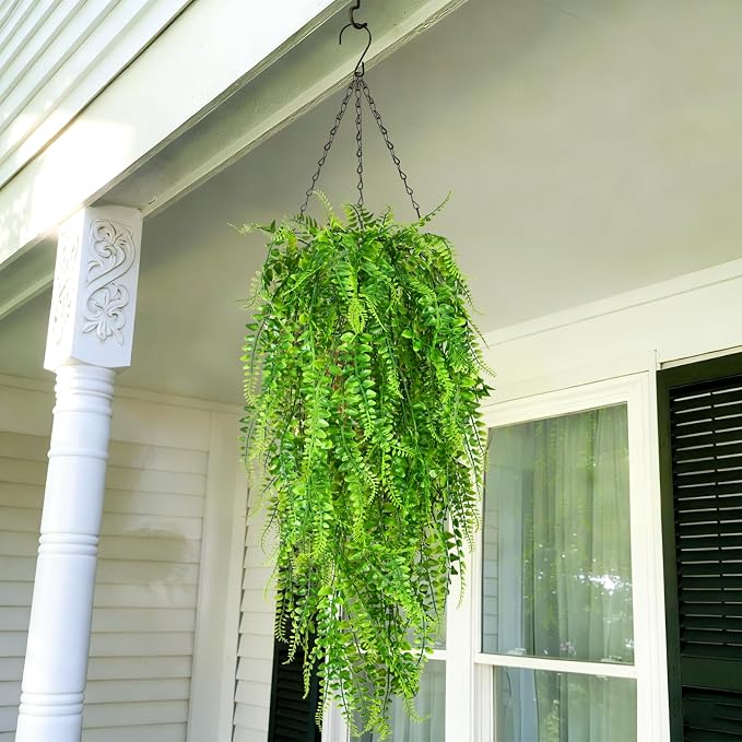 Waipfaru 8Pcs Fake Ferns Fake Hanging Plants Artificial Ferns Vine Greenery | UV Resistant Plastic Fake Plants for Indoor Wall Porch Wedding Party Holiday Decor