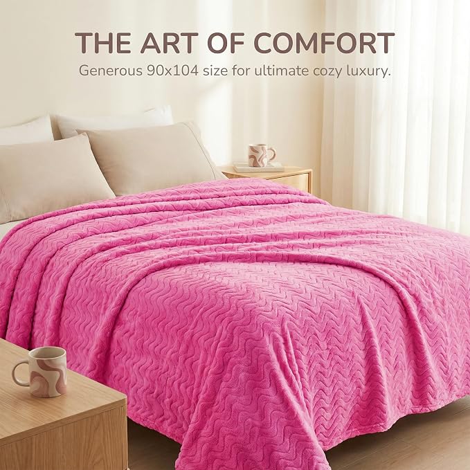Exclusivo Mezcla Soft Fleece Blanket King Size for Bed, Sofa, Hot Pink | 90"x104" Breathable Lightweight Flannel Blanket for Summer, Plush Cozy Jacquard Wave for Home Decor
