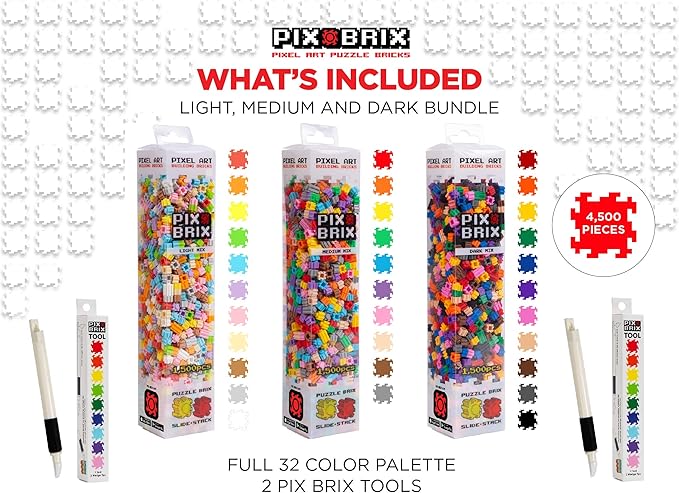 Pix Brix Pixel Art Kit Puzzle Bundle - 4,500-Piece Kit with 32 Color Palette (Light, Medium, Dark) - Interlocking Building Bricks for 2D and 3D Creations - STEM Toy for Ages 6+
