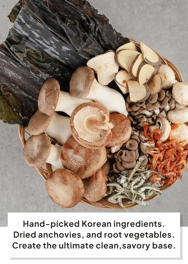 Korean Food All-Purpose Mushroom Seafood Broth Stock Bags 10 Packs 50g | All-purpose mushroom and seafood broth stock bags with rich umami flavor for soups, stews, and noodles. Includes 10 packets.