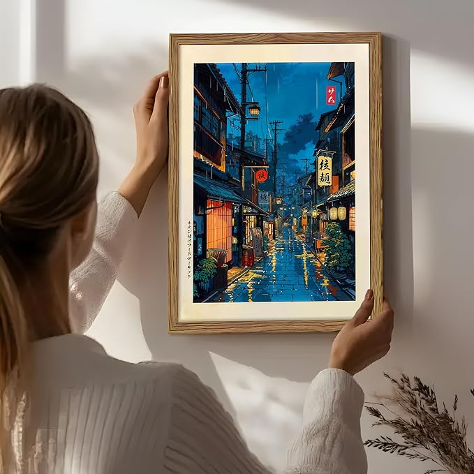 Framed Japanese Wall Art, Asian Tokyo Tea House Canvas Wall Decor Painting, Cool Japanese Night Posters Prints Pictures for Bedroom Living Room Bathroom Home Decor 12x16 Inch