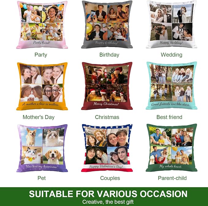 Bemaystar Custom Pillow with Picture & Text, Ships Next Day, Made in USA - Personalized Pillowcover- Love Keepsake, Customized Gifts, Mothers Day Decorative Throw Pillow(No Insert)-4photos