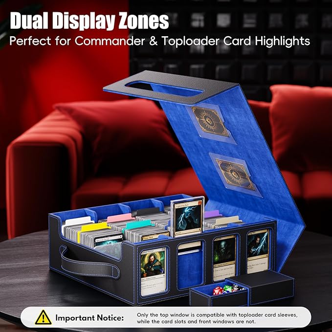 Trading Card Storage Box – 3500+ Magnetic MTG Deck Box with Handle,Commander & Toploader Display, Dice Box,4 Dividers & 30 Color Labels – Fits for TCG,MTG,Yu-Gi-Oh and Sport cards(Black/Blue)