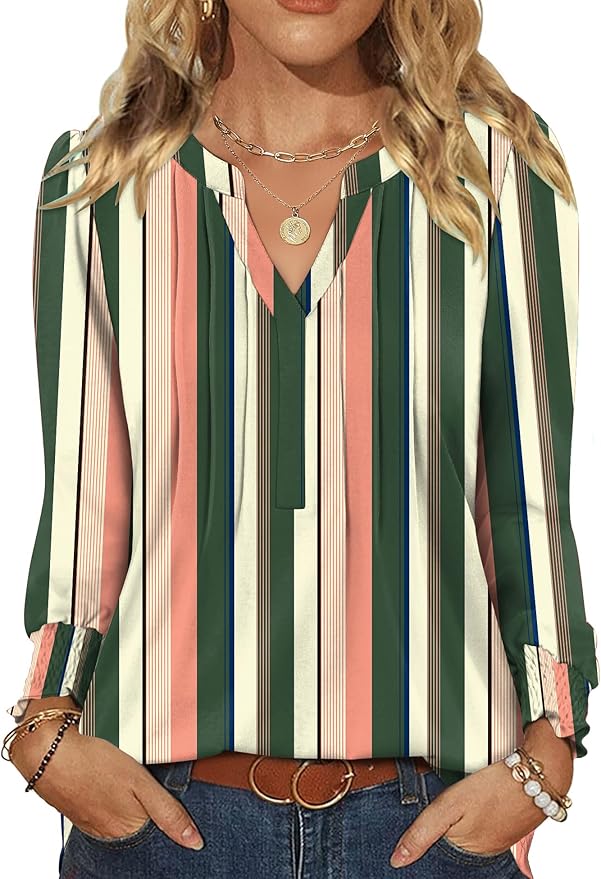 LOMON Womens Tops Dressy Casual Pleated Ruffle Long Sleeve Tunics Tops to Wear with Leggings V Neck Work Blouse
