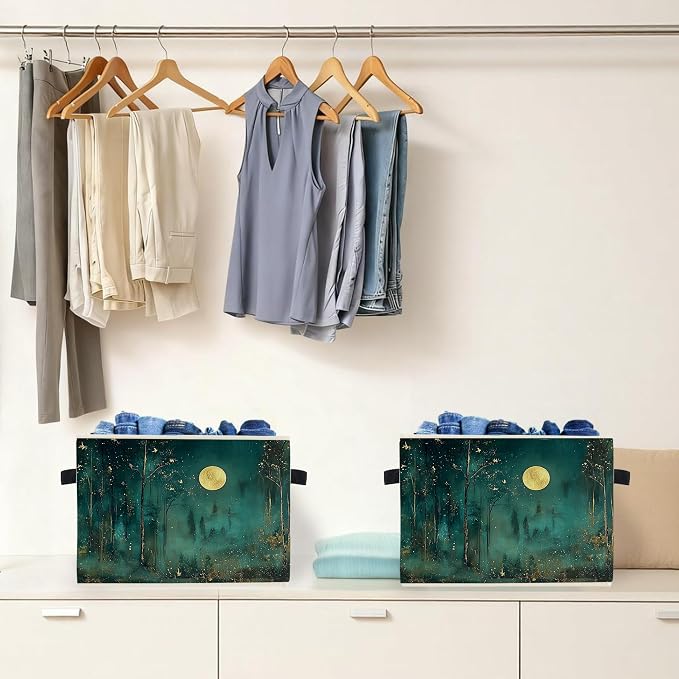 Dark Enchanted Forest Full Moon Storage Box Bins, Mystical Moonlit Night Forest Collapsible Storage Basket Organizer for Bedroom Laundry Room Home Clothes Books, Decor for Room