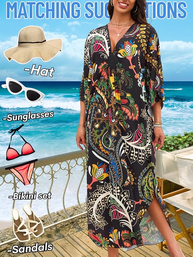 ChiaoLezhee Print Moo-Moos for Women, Kaftan Cover-Up Dresses, Sexy V-Neck High-Slit, Beach Pool-Party Coverups Muumuu Plus