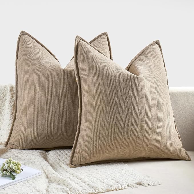MIULEE Pack of 2 Khaki Euro Shams Chenille Pillow Covers 22x22 Inch | Decorative Soft Couch Throw Pillows,Farmhouse Cushion Covers,Elegant Design for Sofa,Bed,Living Room,Summer Decor