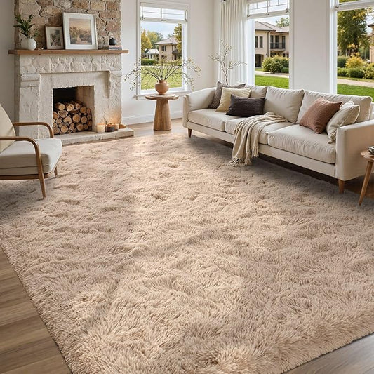 5x7 Living Room Rugs Fluffy Neutral Beige Area Rug，Modern Plush Non-Slip Soft Bedroom Shag Carpet for Book Room Office,Coffee Stain Resistant