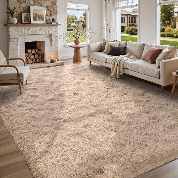 5x8 Living Room Rugs Fluffy Neutral Beige Area Rug,Modern Plush Non-Slip Soft Bedroom Shag Carpet for Book Room Office,Coffee Stain Resistant