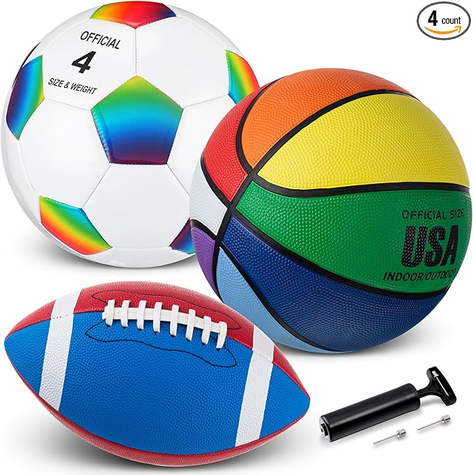 Libima 3 Pcs Sports Ball Set for Kids Teens Include Official Size 5 Basketball 4 Soccer 6 Football with Pump and Carry Bag Training Practice Sport Gift for Kids Teens Back to School