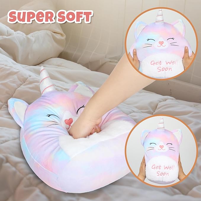 Easfan 13'' Get Well Soon Unicorn Cat Plush Pillow Soft Cute Stuffed Animal with Silver Horn Feel Better Gifts for Kids Patient Feel Better for Women