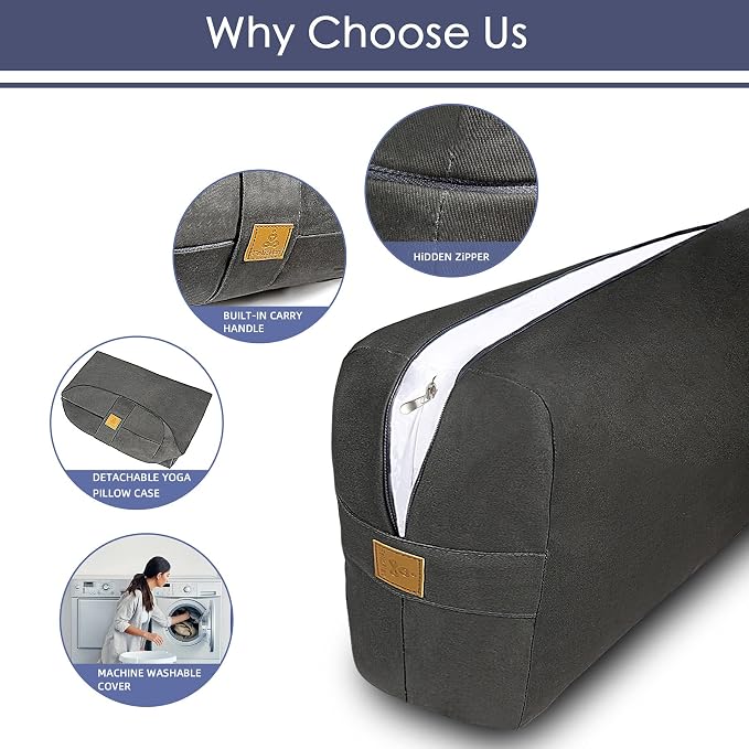 Yoga Bolster Pillow 26x10.5x5.5in Rectangular Meditation Cushion for Massage and Back Support, Breathable Cotton Fill, Zippered Organic Cotton Cover, Easy-Carry Handle, Machine Washable (Black)