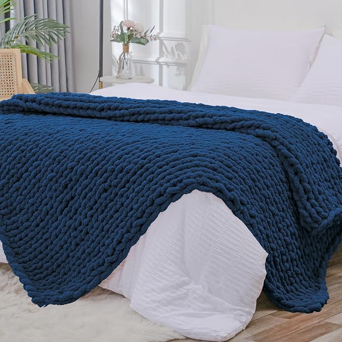 Bigacogo Chunky Knit Throw Blanket for Couch, 60x80 inches, Navy Blue | Hand Knit with Jumbo Chenille, Soft Breathable Cable Knit for Sofa Bed Living Room, Machine Washable, Gift for Mom Friend