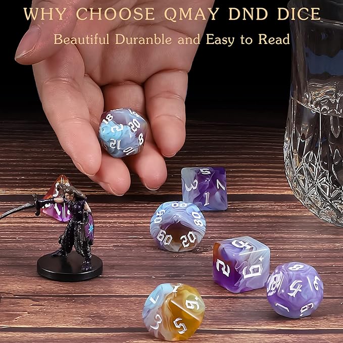 QMAY DND Dice Set -D&D Polyhedral Dice (7pcs) for Dungeons and Dragons (Water Blue and Purple)