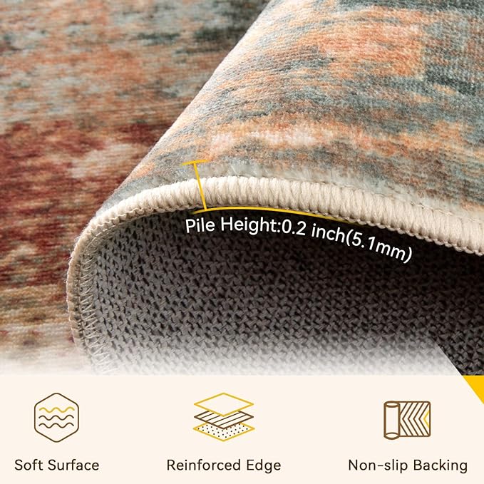 RELEANY Washable Area Rugs Square 8ft Non-Slip Modern Abstract Soft for Living Room Entryway Bedroom Kitchen, Print Pattern, Brown Rust Red Green Blue Multi