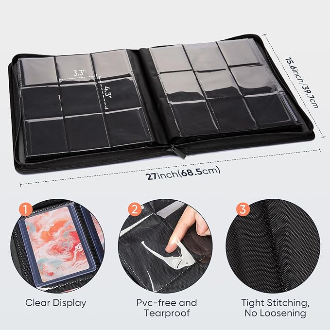 Top Loader Binder - 9 Pocket, Holds 252 Toploaders, 9 Toploaders Included, Card Storage for Trading Cards in 3 x 4'' Toploader, Premium Zippered PU Toploader Binder for TCG, Sports Cards