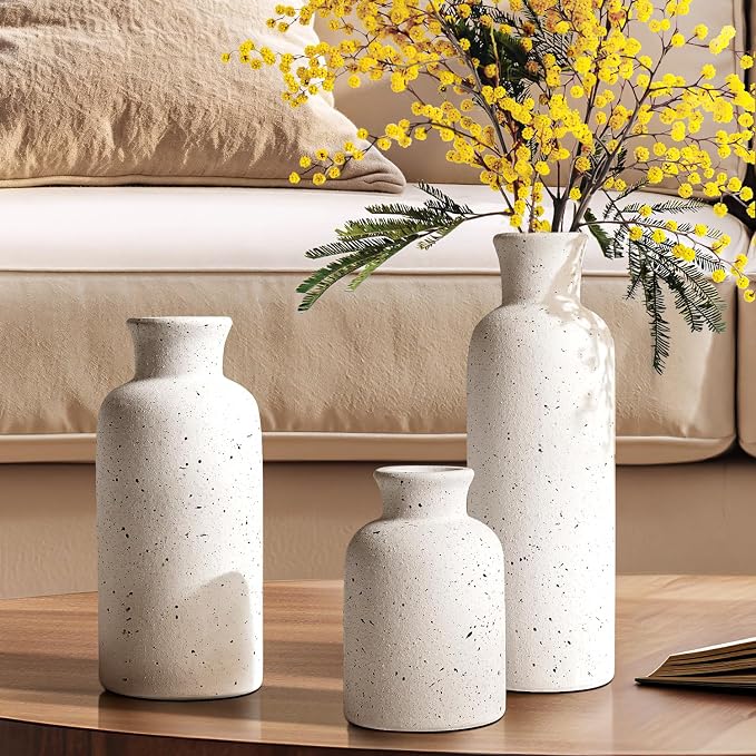 LE TAUCI Ceramic Vase Set of 3, Matte Flower Vases for Fresh or Dried Flowers, Modern Farmhouse Home Decor for Coffee Table, Mantel, Shelf, Entryway, Speckled White