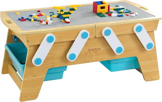 KidKraft Building Bricks Play N Store Wooden Table, Children's Toy Storage with Bins, 200+ Building Blocks Included, Natural, Gift for Ages 3+