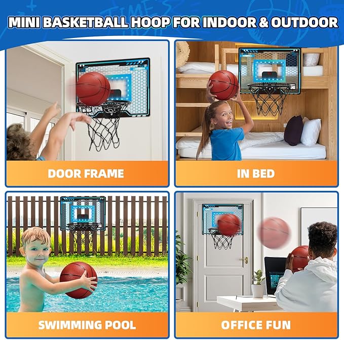 Mini Basketball Hoop Indoor for Kids, Basketball Hoop Over The Door with LED Lighting, Electronic Scoreboard & 3 Balls, Basketball Toys Gifts for 6 7 8 9 10 11 12 Year Old Teen Boys Christmas