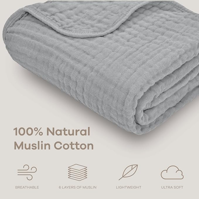 Comfy Cubs Muslin Baby Blanket 40" x 40" L - Swaddle Blankets, Heather Blue | Soft, Lightweight, 6-Layer Cotton Breathable Baby Blankets - Comfortable, Gentle & Versatile Cotton Baby Blankets for Sleep