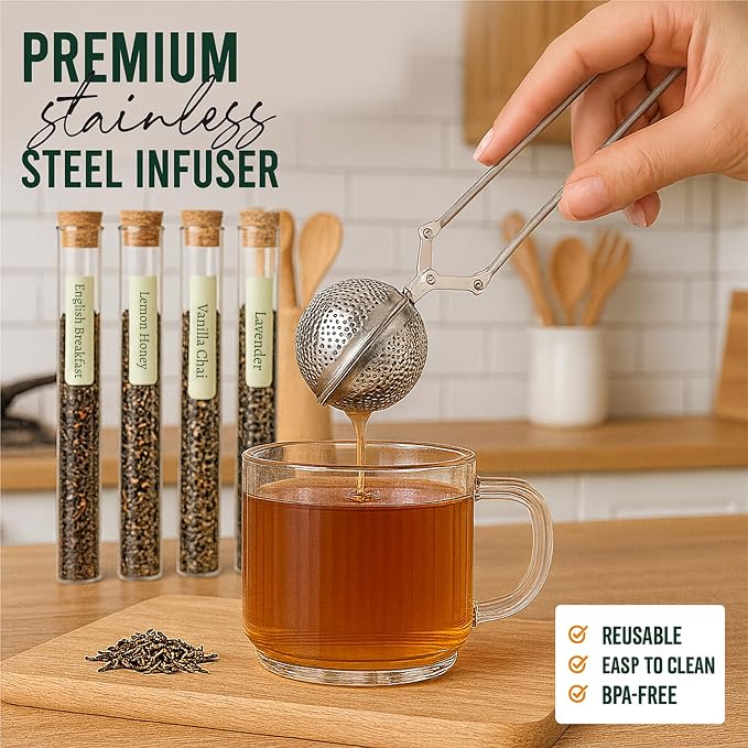 Tea Gift Set – 8 Unique Flavors with Stainless Steel Infuser | Loose Leaf Tea Sampler with Vanilla Chai, Jasmine, Green Tea & More | Tea Gift Sets for Women and Men - Gift For Dad - Pack of 9