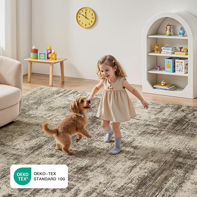 9x12 Area Rug for Living Room, Abstract Washable Non-Slip Large Rugs, Brown | Neutral Carpet for Bedroom, Dining Room, Home Office, Nursery,Indoor, Stain Resistant, Non-Slip, Low Pile, Modern Rug