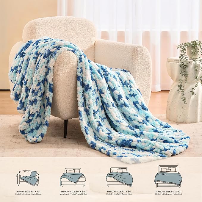 L'AGRATY Chunky Knit Throw Blanket for Couch, 60 x 80 Inches, Blue White | Handmade Chenille Crochet Blanket for Sofa Bed, Thick Cable Knitted Blankets for Room Home Decor, Birthday Gift for Women Mom